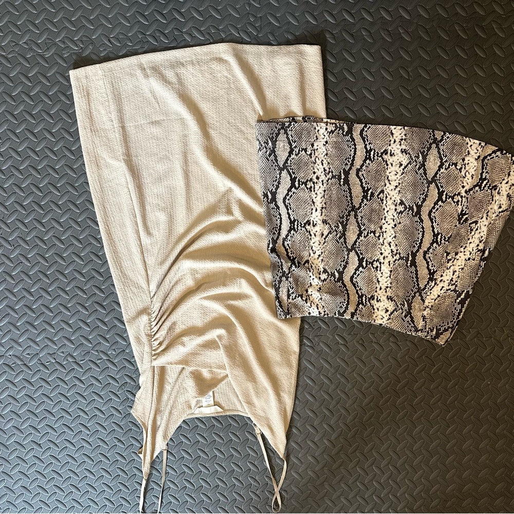 Cream Ruched Dress and Snake Print Skirt Set